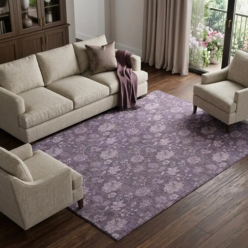 Plum And Ivory Floral Washable Area Rug With UV Protection Photo 1