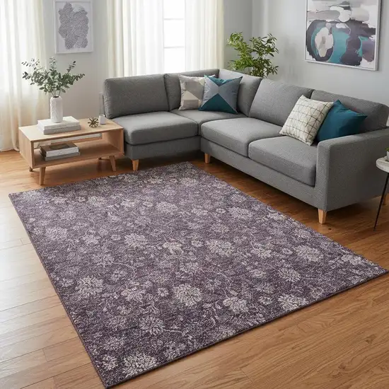 Plum And Ivory Floral Washable Area Rug With UV Protection Photo 1