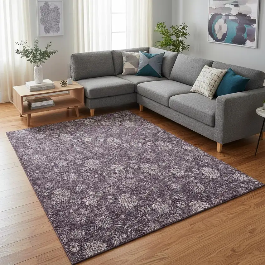 Plum And Ivory Floral Washable Area Rug With UV Protection Photo 1