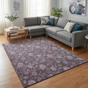 Photo of Plum And Ivory Floral Washable Area Rug With UV Protection
