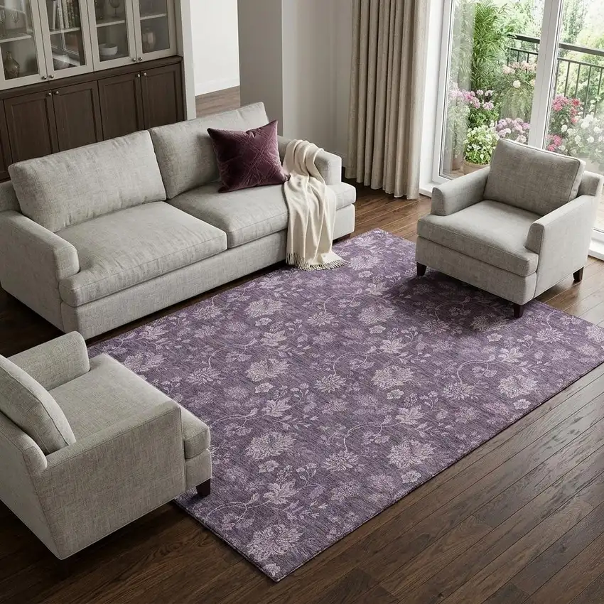 Plum And Ivory Floral Washable Area Rug With UV Protection Photo 1