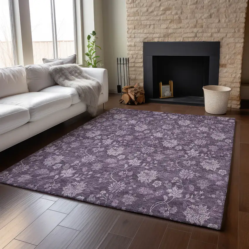Plum And Ivory Floral Washable Area Rug With UV Protection Photo 4
