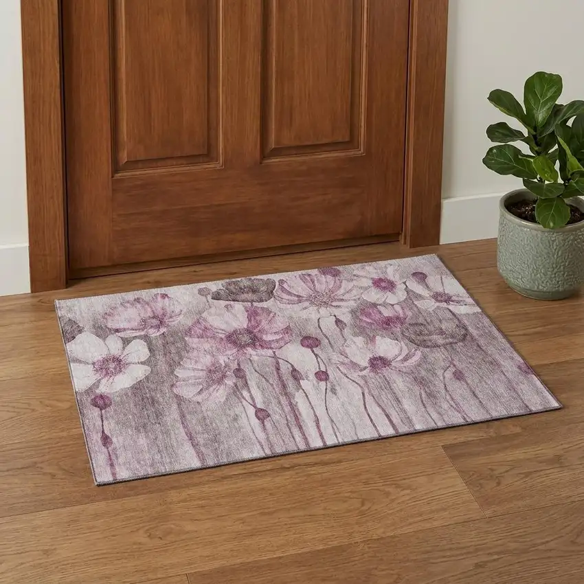 Plum And Ivory Floral Washable Area Rug With UV Protection Photo 1