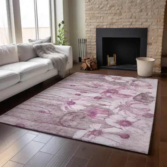 Plum And Ivory Floral Washable Area Rug With UV Protection Photo 6