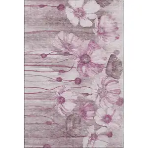 Photo of Plum And Ivory Floral Washable Area Rug With UV Protection