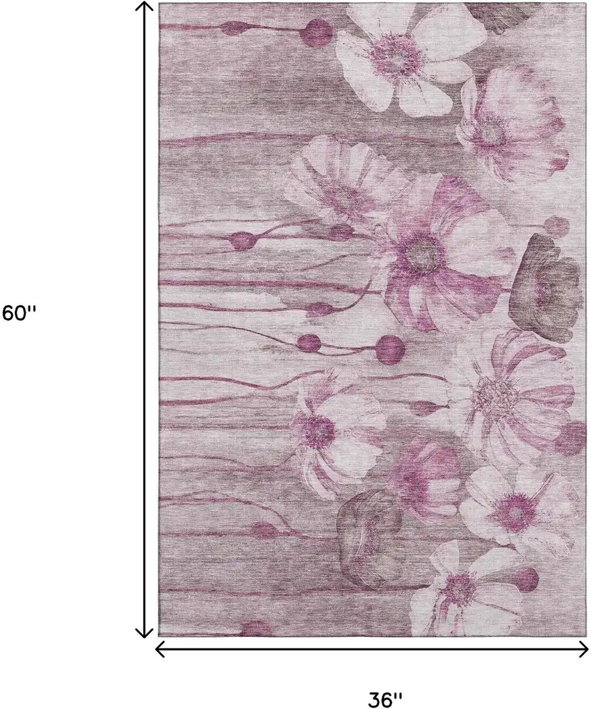 Plum And Ivory Floral Washable Area Rug With UV Protection Photo 7