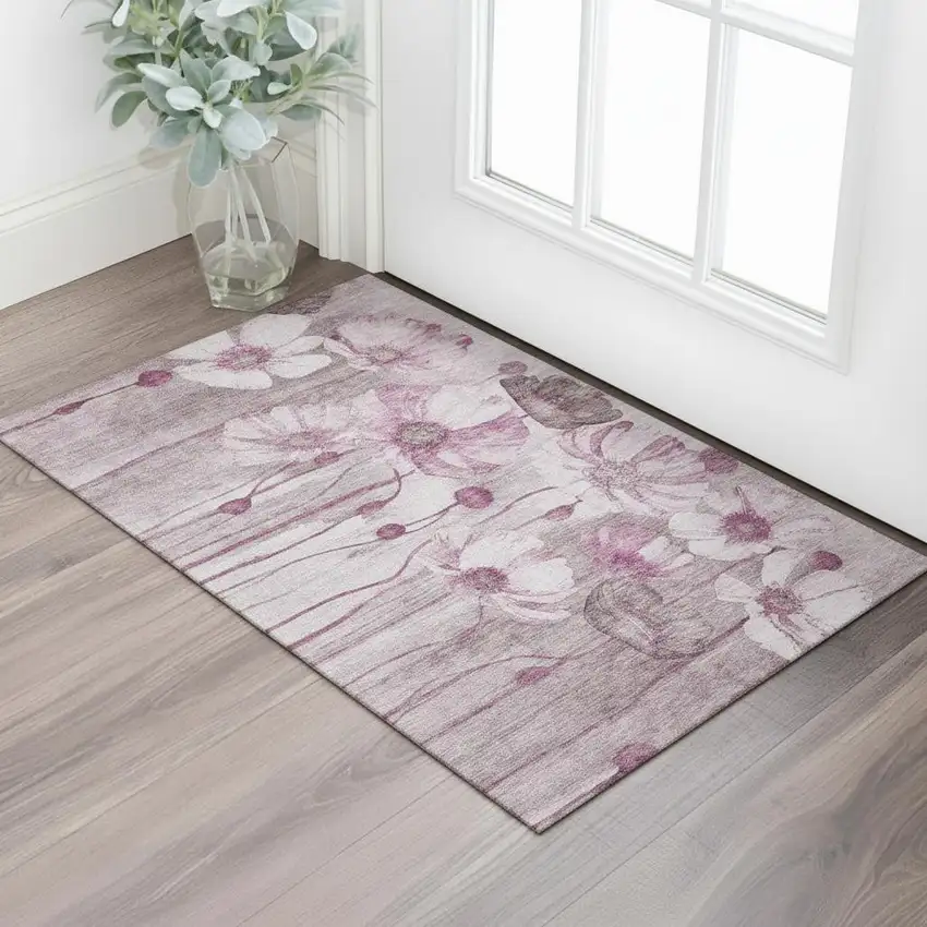 Plum And Ivory Floral Washable Area Rug With UV Protection Photo 1