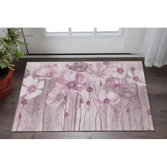 Plum And Ivory Floral Washable Area Rug With UV Protection Photo 2