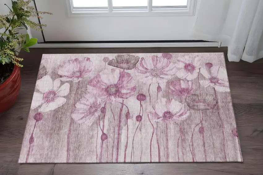 Plum And Ivory Floral Washable Area Rug With UV Protection Photo 2