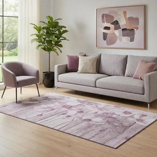 Plum And Ivory Floral Washable Area Rug With UV Protection Photo 1