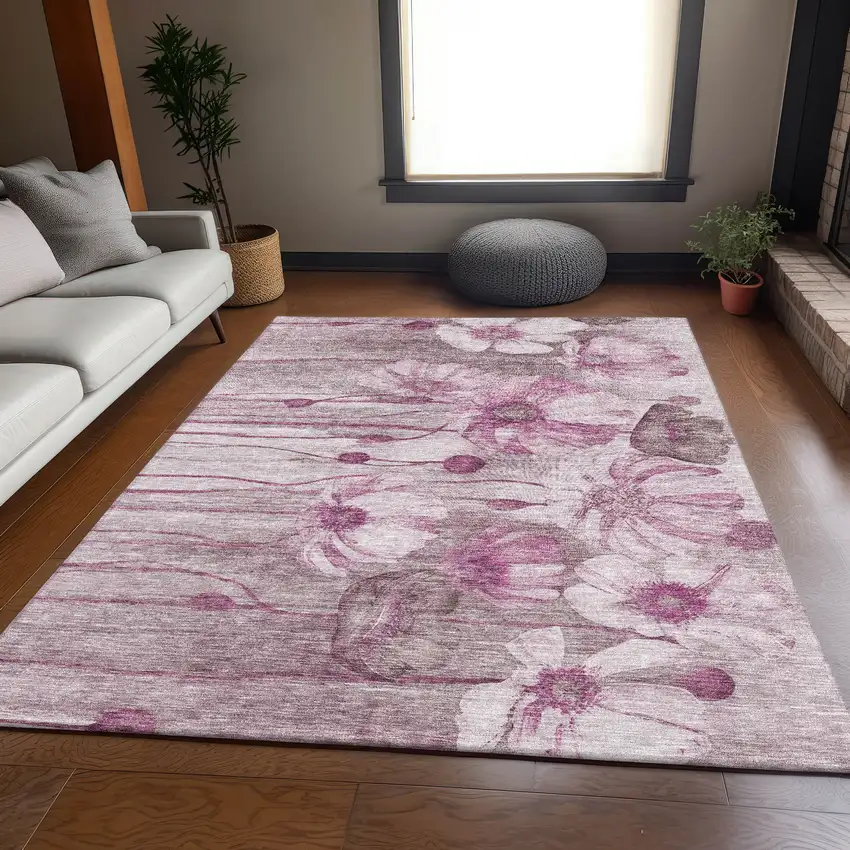 Plum And Ivory Floral Washable Area Rug With UV Protection Photo 5