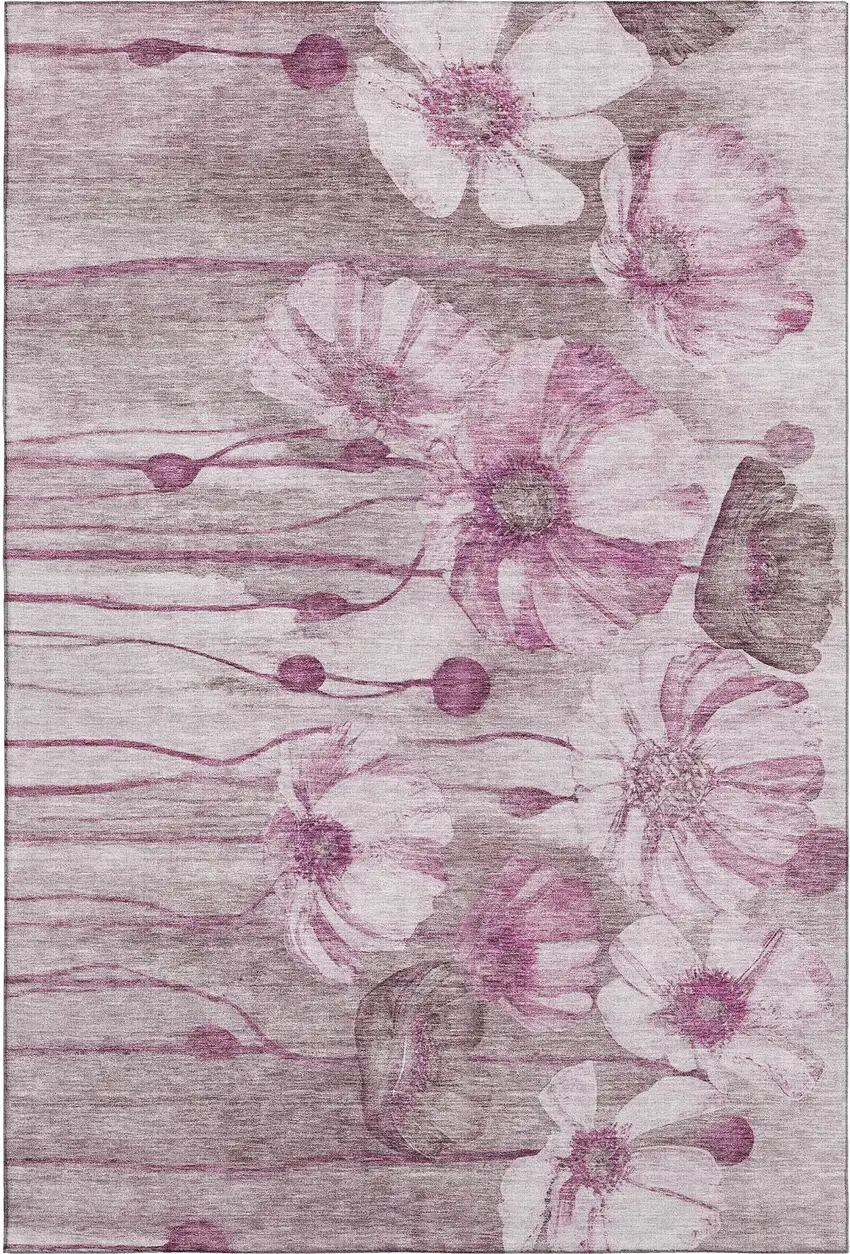 Plum And Ivory Floral Washable Area Rug With UV Protection Photo 2