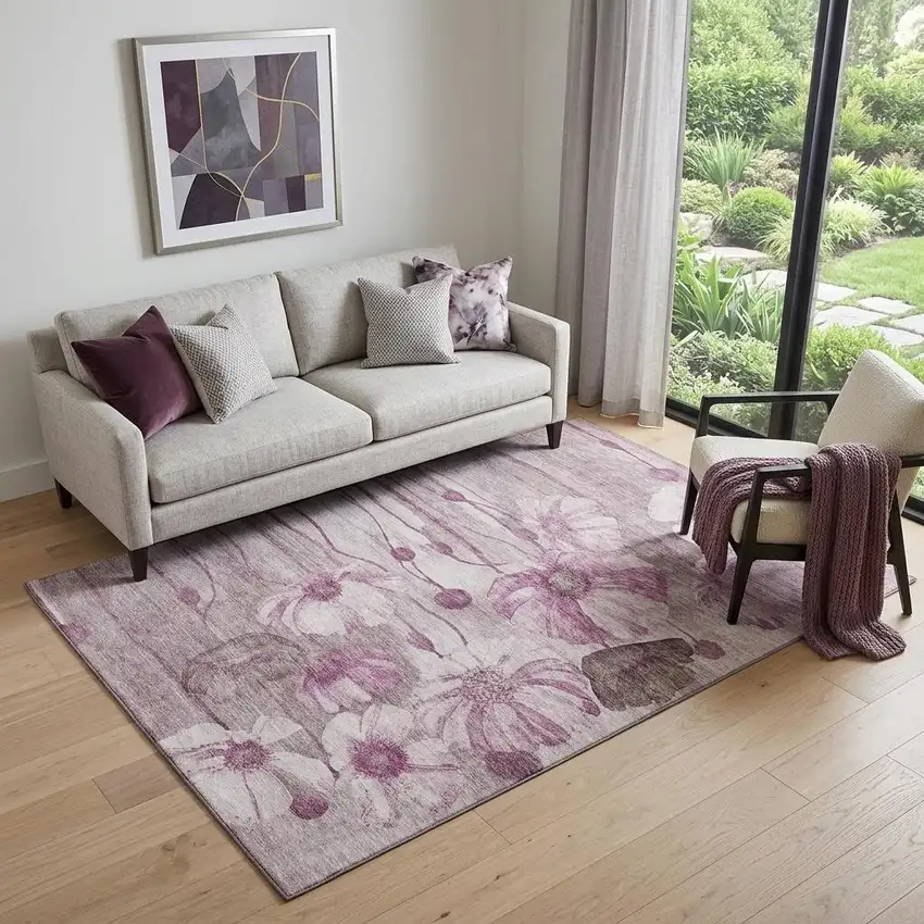 Plum And Ivory Floral Washable Area Rug With UV Protection Photo 1