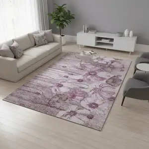Photo of Plum And Ivory Floral Washable Area Rug With UV Protection