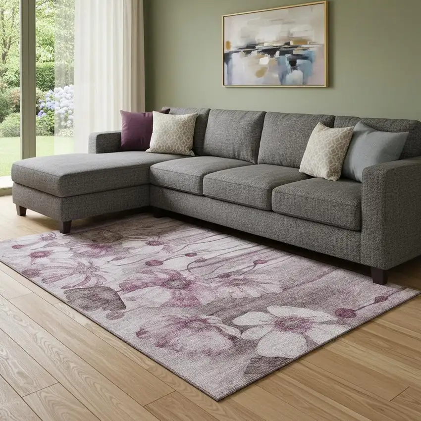 Plum And Ivory Floral Washable Area Rug With UV Protection Photo 1