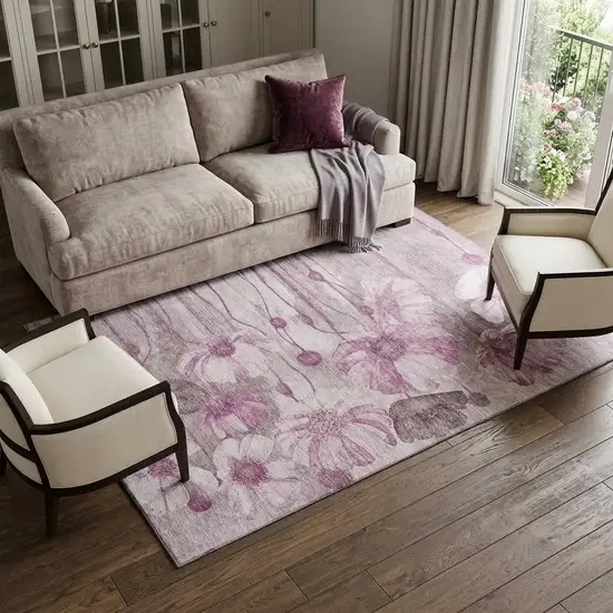 Plum And Ivory Floral Washable Area Rug With UV Protection Photo 1