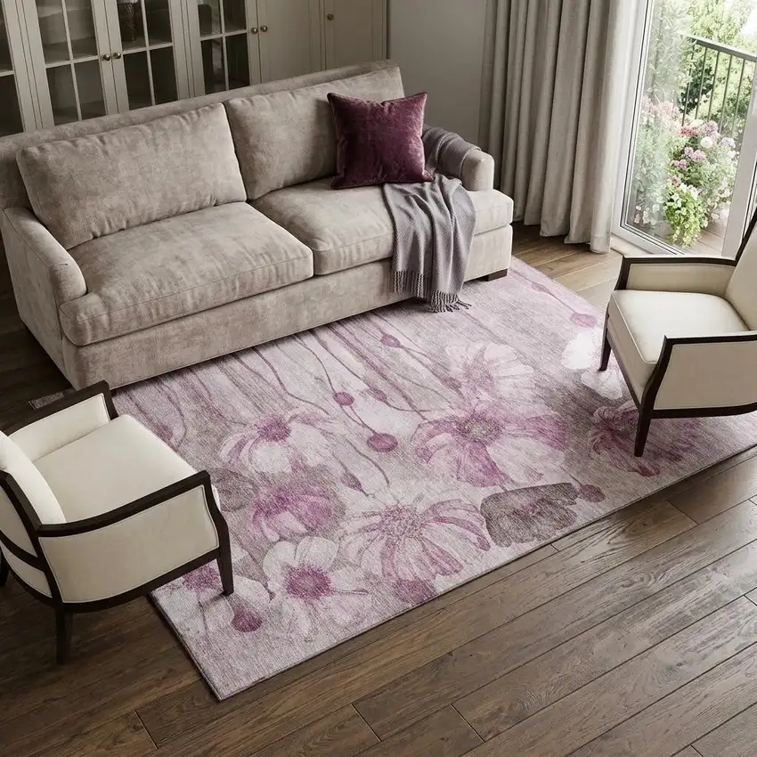 Plum And Ivory Floral Washable Area Rug With UV Protection Photo 1