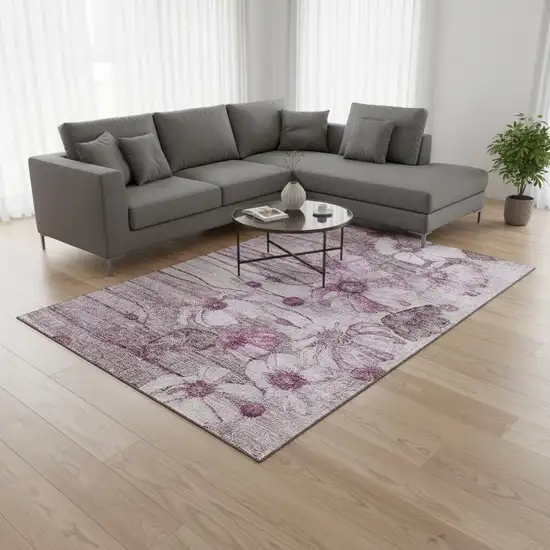 Plum And Ivory Floral Washable Area Rug With UV Protection Photo 1