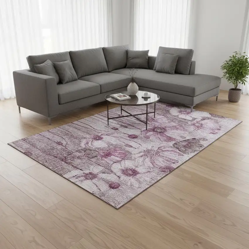 Plum And Ivory Floral Washable Area Rug With UV Protection Photo 1