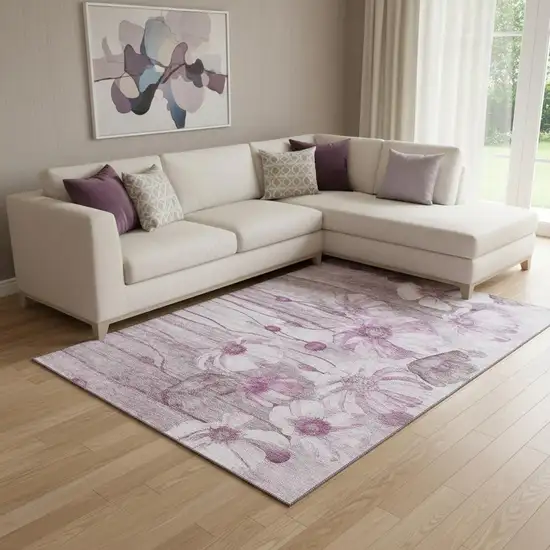 Plum And Ivory Floral Washable Area Rug With UV Protection Photo 1