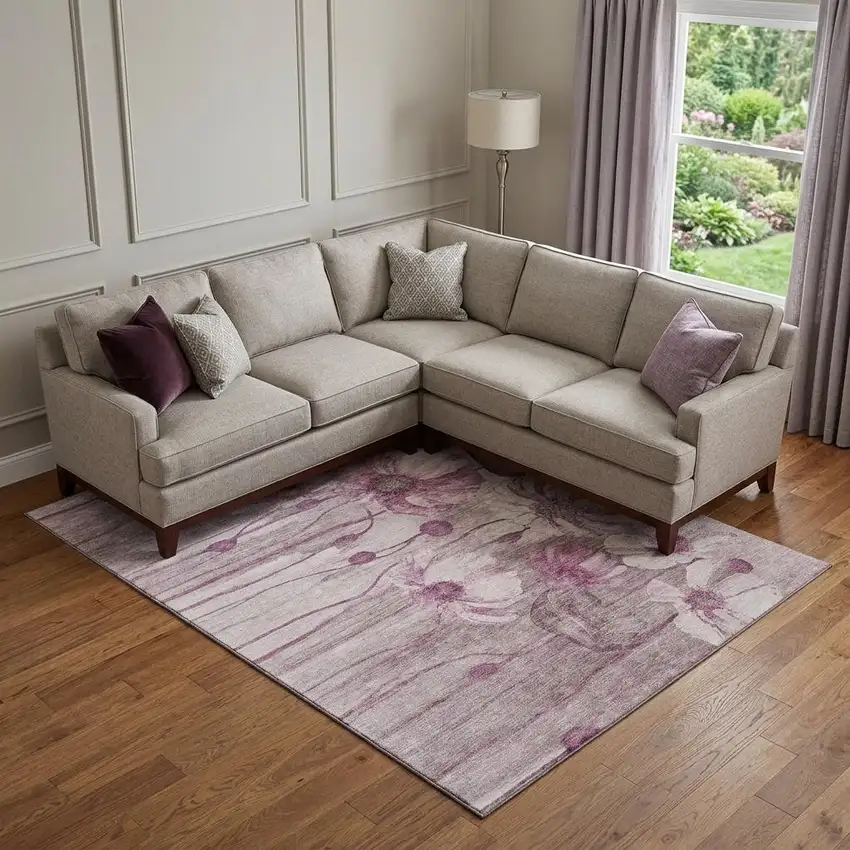 Plum And Ivory Floral Washable Area Rug With UV Protection Photo 1