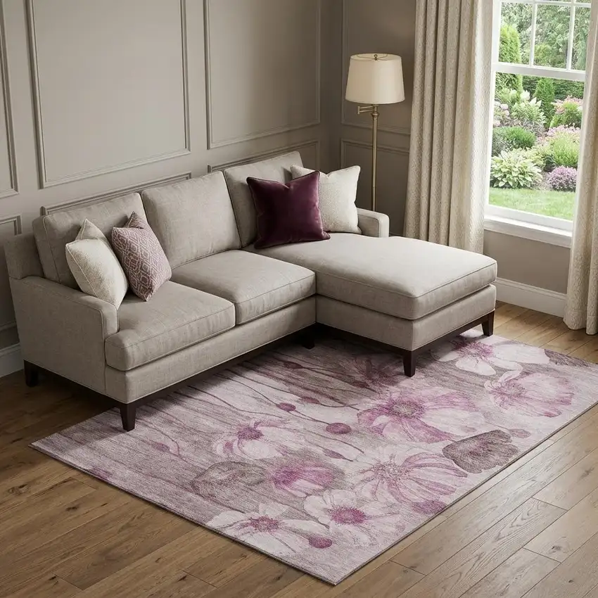 Plum And Ivory Floral Washable Area Rug With UV Protection Photo 1