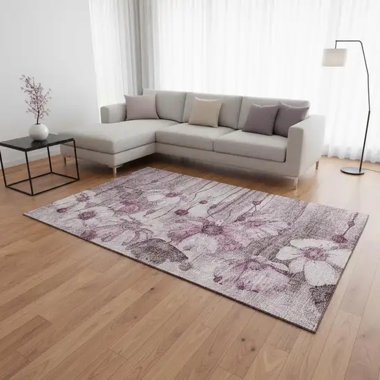 Plum And Ivory Floral Washable Area Rug With UV Protection Photo 1