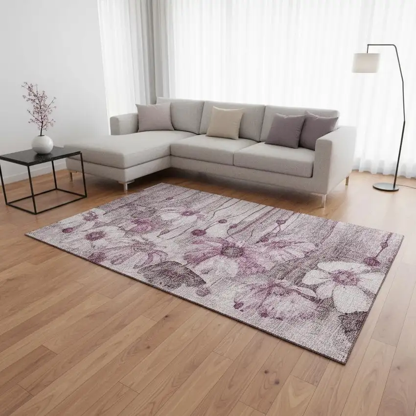 Plum And Ivory Floral Washable Area Rug With UV Protection Photo 1