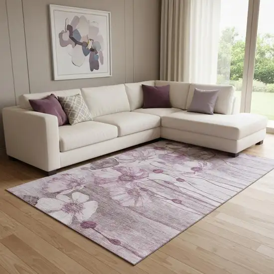 Plum And Ivory Floral Washable Area Rug With UV Protection Photo 1