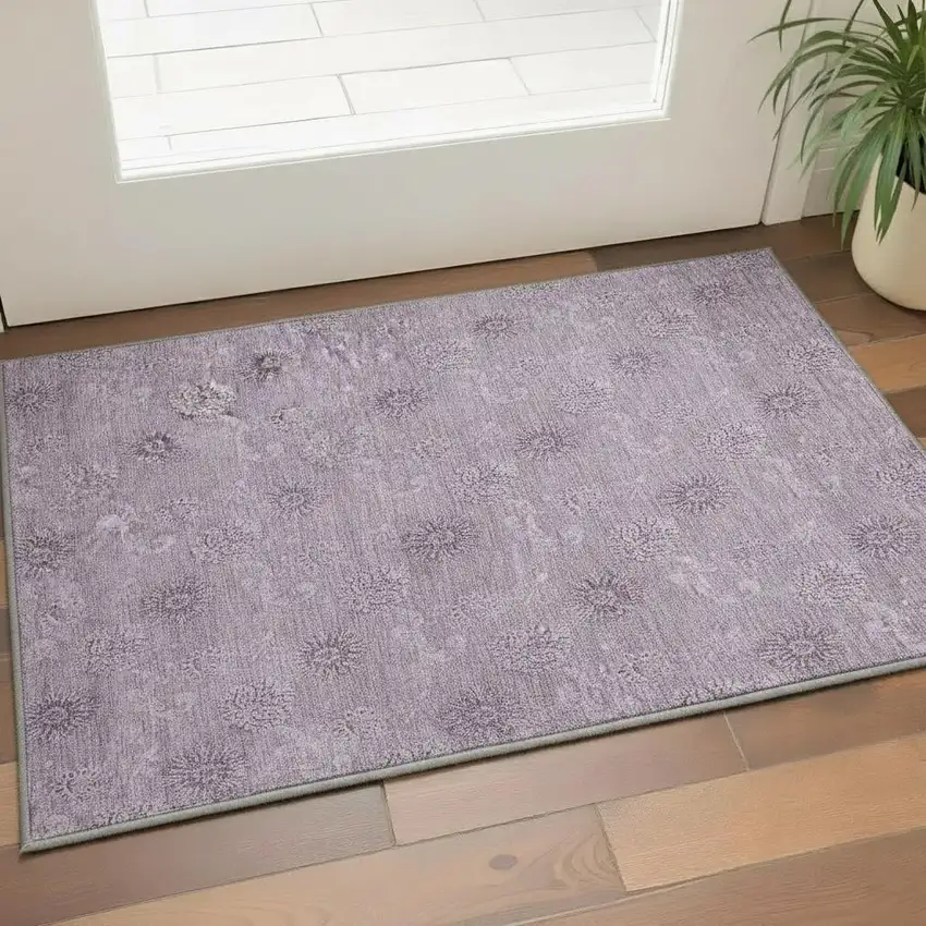 Plum And Ivory Floral Washable Area Rug With UV Protection Photo 2
