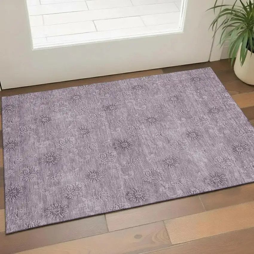 Plum And Ivory Floral Washable Area Rug With UV Protection Photo 1