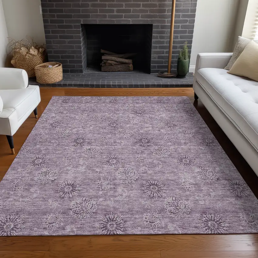 Plum And Ivory Floral Washable Area Rug With UV Protection Photo 5