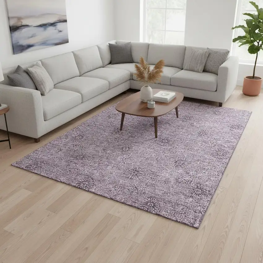 Plum And Ivory Floral Washable Area Rug With UV Protection Photo 2