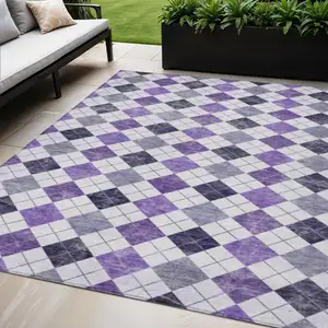 Photo of Plum And Ivory Geometric Washable Indoor Outdoor Area Rug