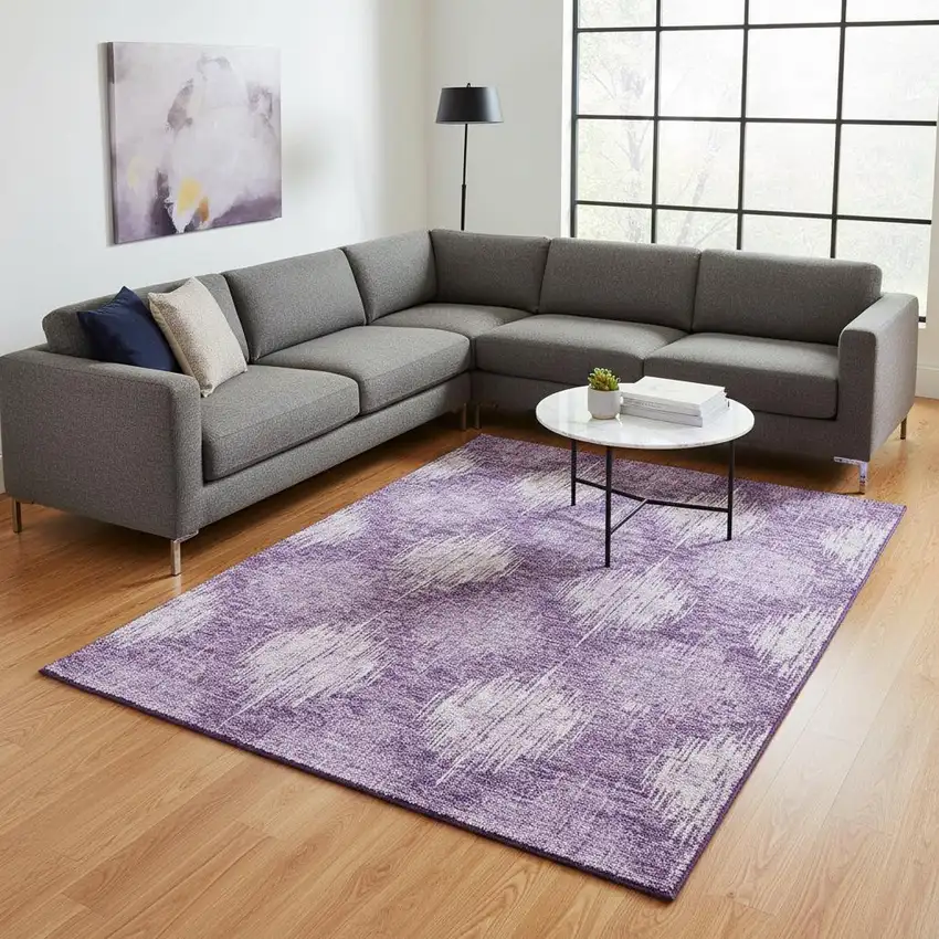 Plum And Ivory Ikat Washable Area Rug With UV Protection Photo 2