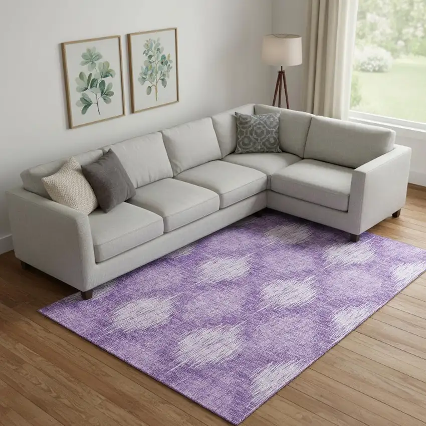Plum And Ivory Ikat Washable Area Rug With UV Protection Photo 1