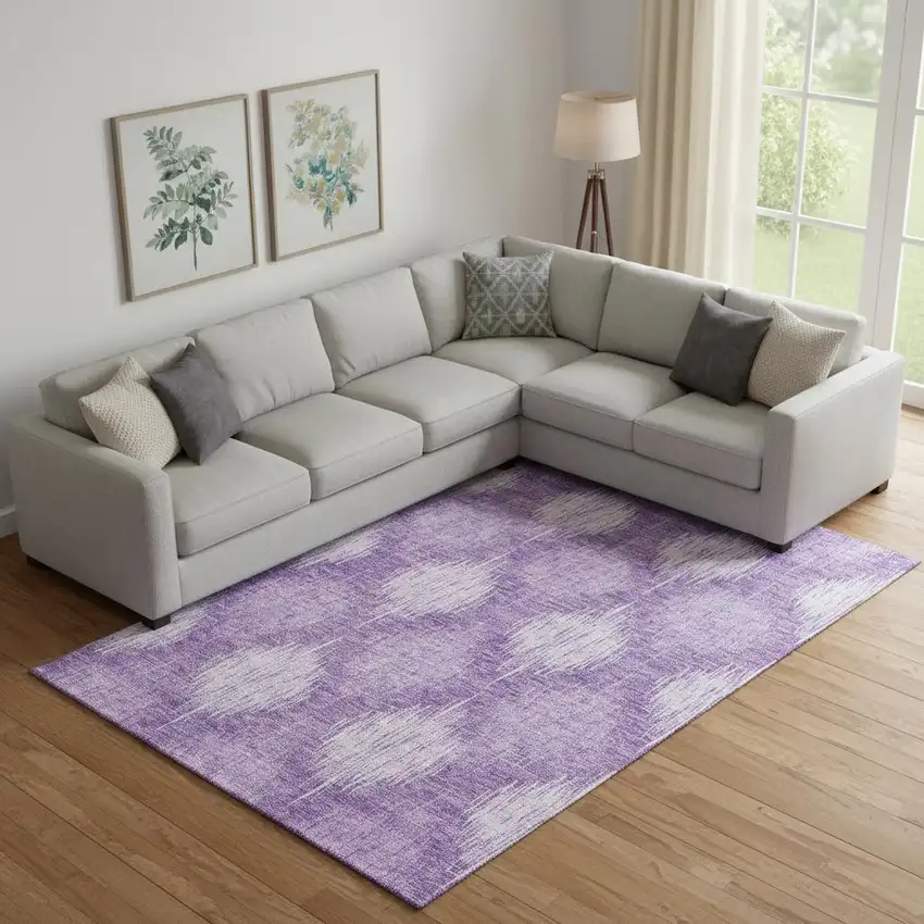 Plum And Ivory Ikat Washable Area Rug With UV Protection Photo 1