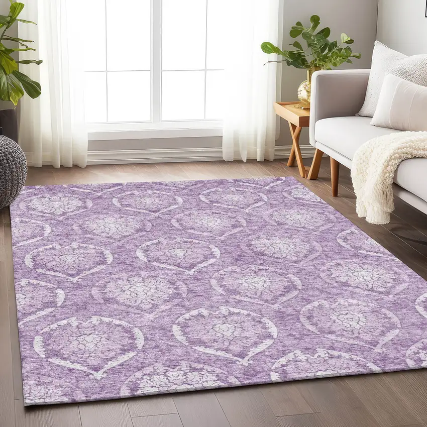 Plum And Ivory Medallion Washable Area Rug With UV Protection Photo 6