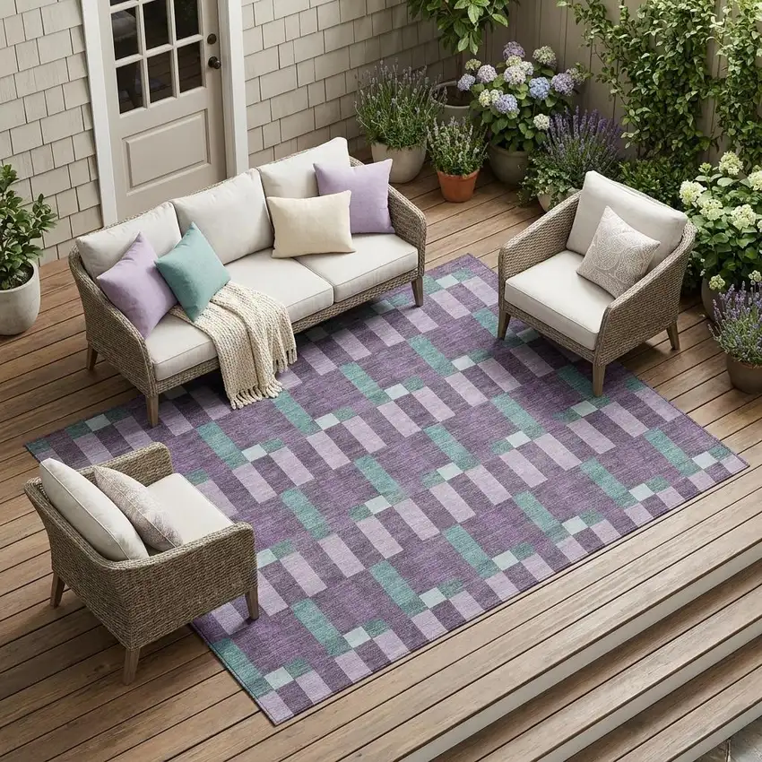Plum And Lavender Geometric Washable Indoor Outdoor Area Rug Photo 1