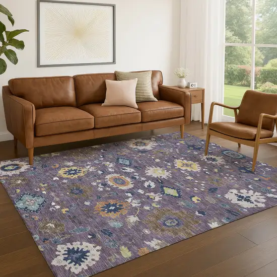 Plum And Navy Blue Floral Medallion Washable Indoor Outdoor Area Rug Photo 5
