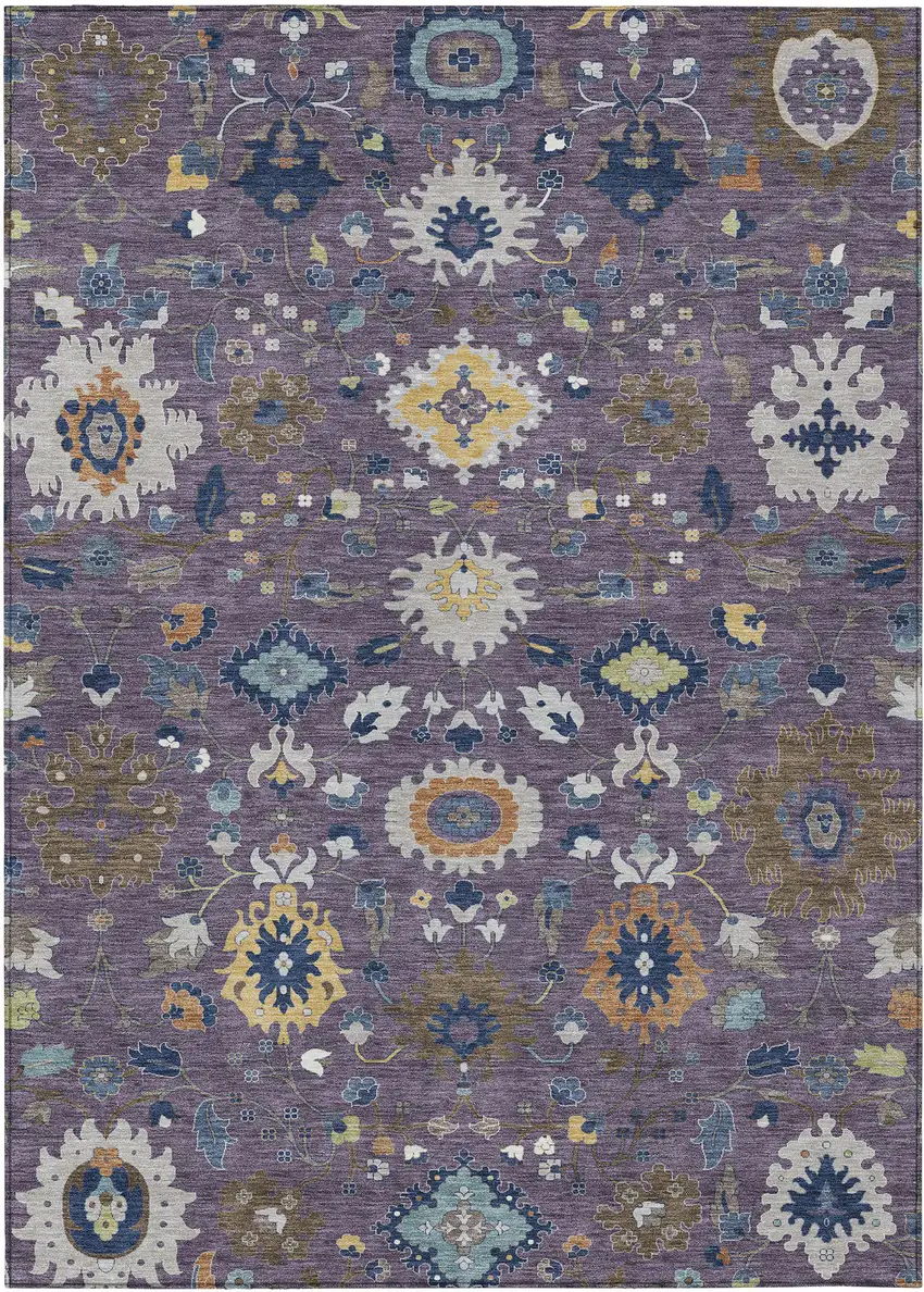 Plum And Navy Blue Floral Medallion Washable Indoor Outdoor Area Rug Photo 1