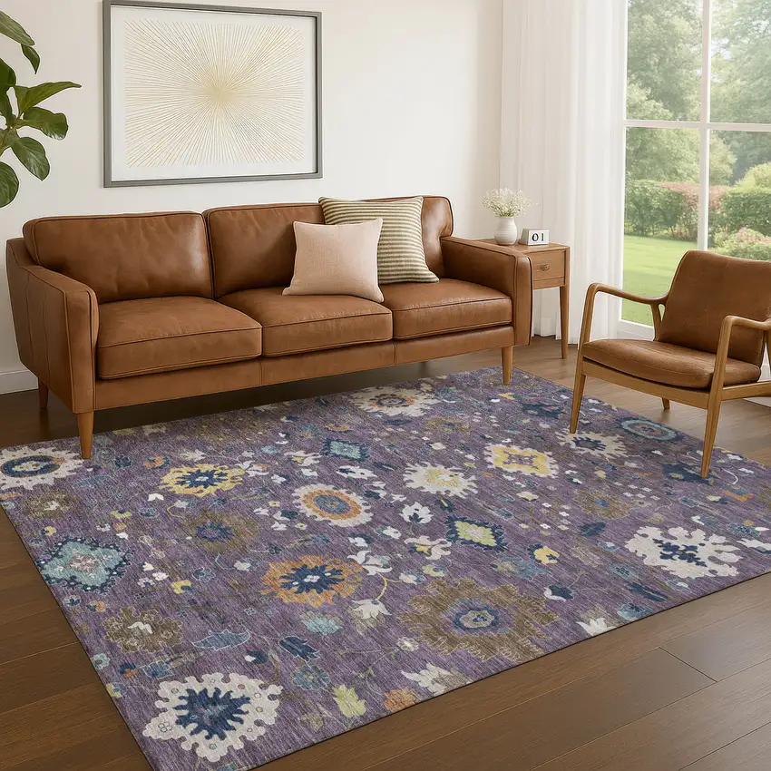 Plum And Navy Blue Floral Medallion Washable Indoor Outdoor Area Rug Photo 5