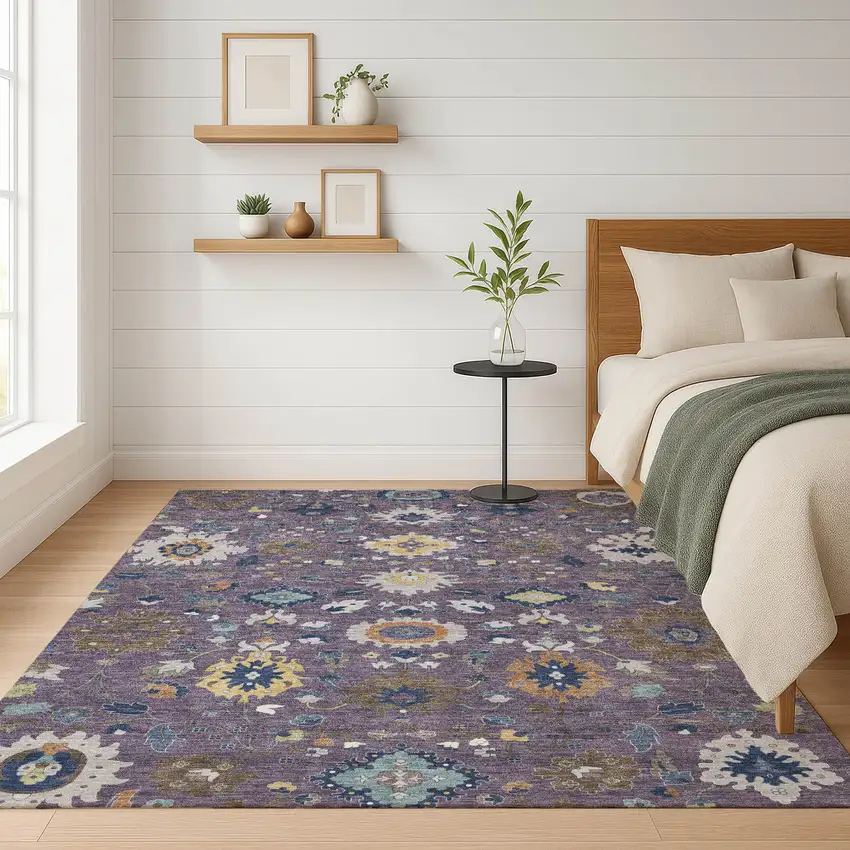 Plum And Navy Blue Floral Medallion Washable Indoor Outdoor Area Rug Photo 6