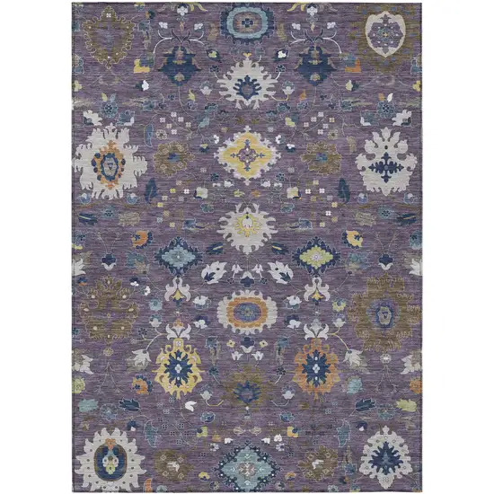 Plum And Navy Blue Floral Medallion Washable Indoor Outdoor Area Rug Photo 1