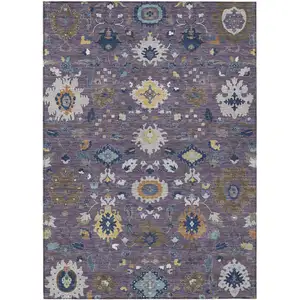 Photo of Plum And Navy Blue Floral Medallion Washable Indoor Outdoor Area Rug