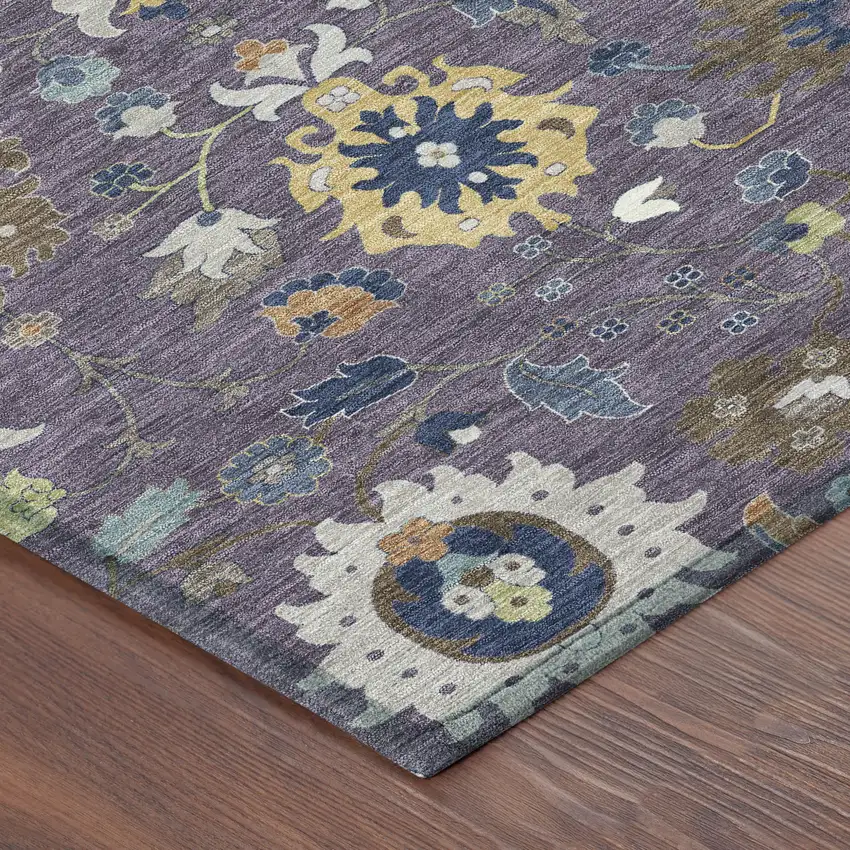 Plum And Navy Blue Floral Medallion Washable Indoor Outdoor Area Rug Photo 8