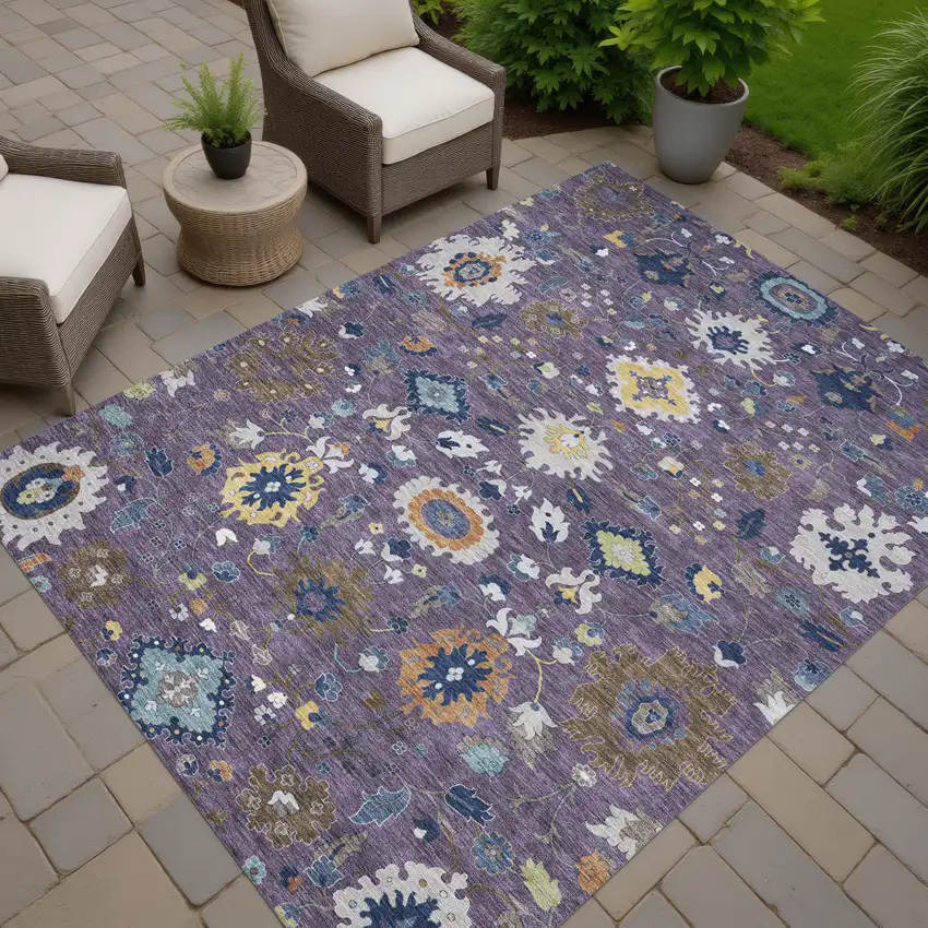 Plum And Navy Blue Floral Medallion Washable Indoor Outdoor Area Rug Photo 7