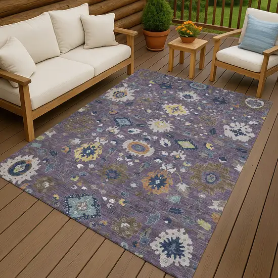 Plum And Navy Blue Floral Medallion Washable Indoor Outdoor Area Rug Photo 4