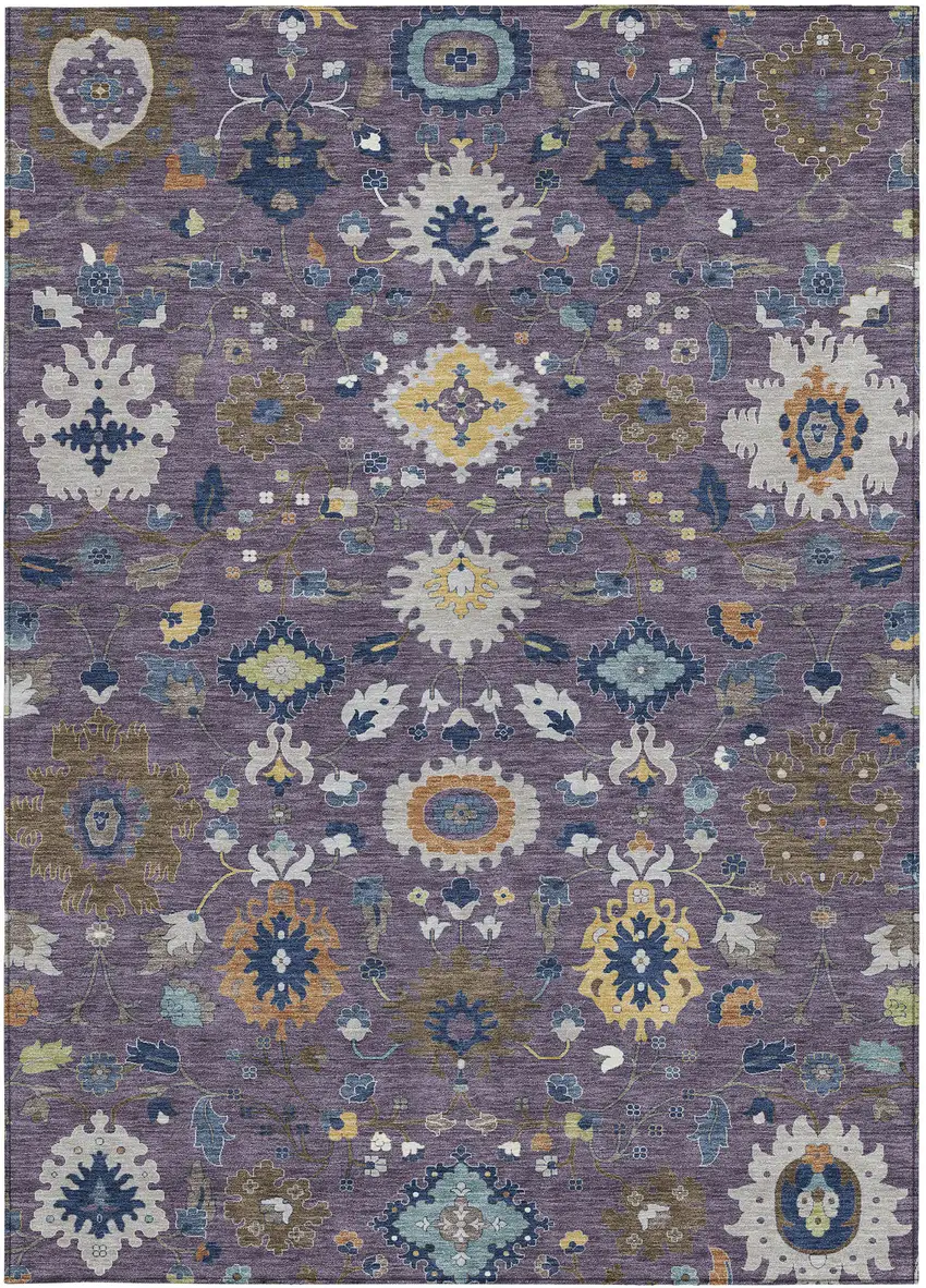 Plum And Navy Blue Floral Medallion Washable Indoor Outdoor Area Rug Photo 3