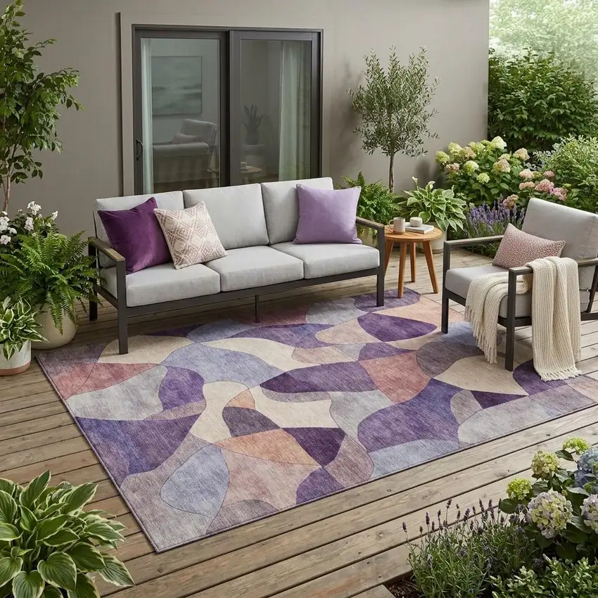 Plum And Purple Abstract Washable Indoor Outdoor Area Rug Photo 1